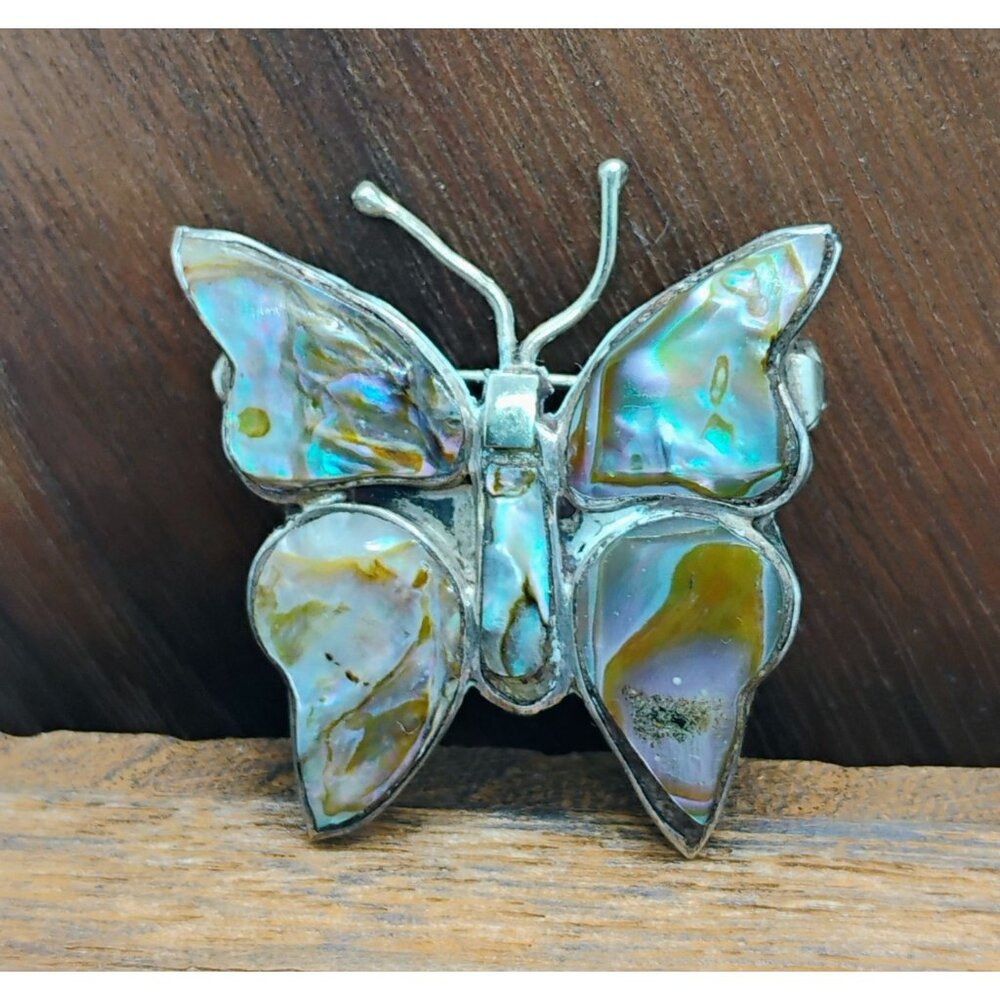 Vtg Signed Bell 3 LMT 925 Sterling Silver & Abalone Shell Butterfly Brooch Pin - Picture 2 of 5
